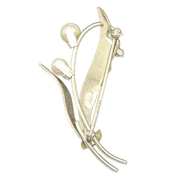 Krementz Pearl & Rhinestone Floral Brooch Silver Tone Signed Vintage - Picture 5 of 8